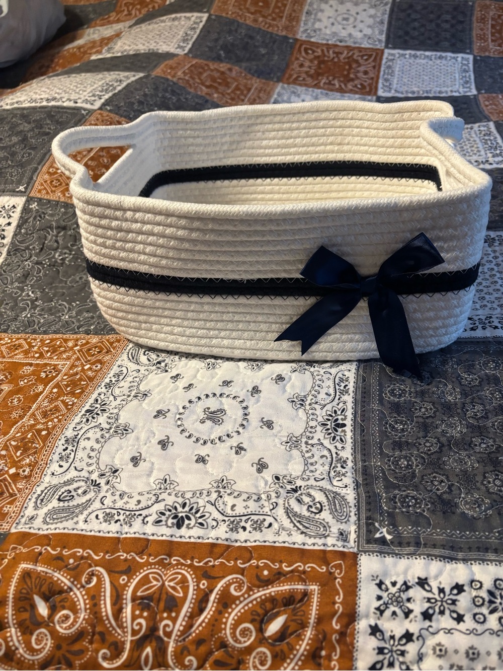 Cream Rope Storage Basket with Navy Bow Accent